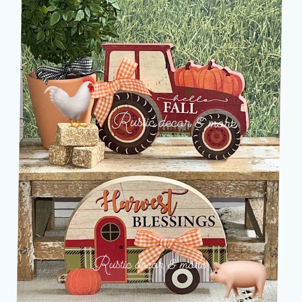Fall Farmhouse Tier Tray Decor Set Of 2, Fall Tractor Sign & Fall Camper Sign